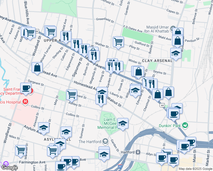 map of restaurants, bars, coffee shops, grocery stores, and more near 26 Irving Street in Hartford