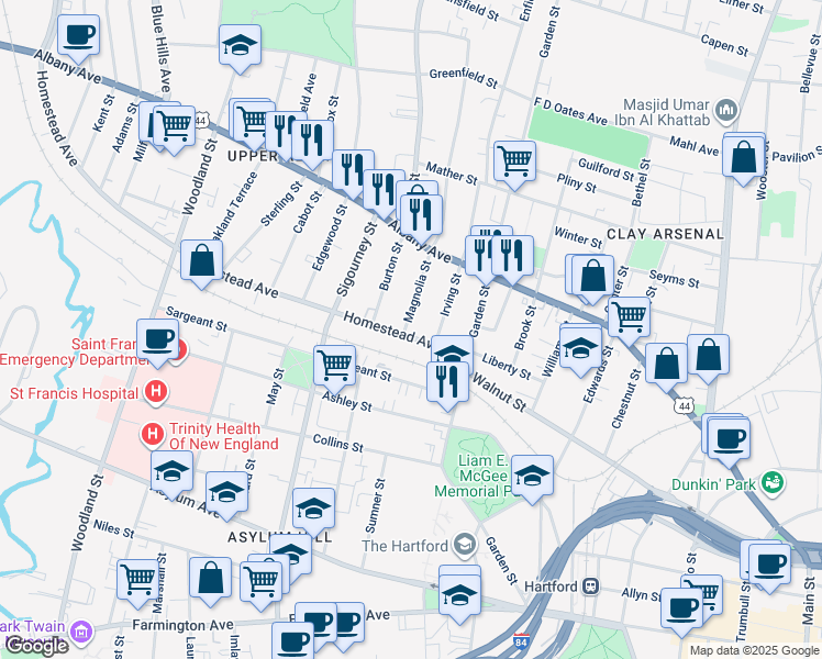 map of restaurants, bars, coffee shops, grocery stores, and more near 12 Magnolia Street in Hartford