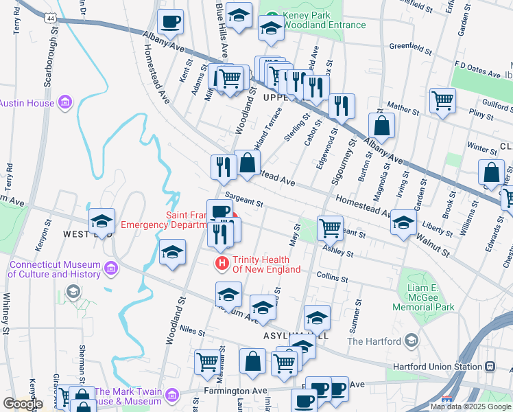 map of restaurants, bars, coffee shops, grocery stores, and more near 264 Sargeant Street in Hartford