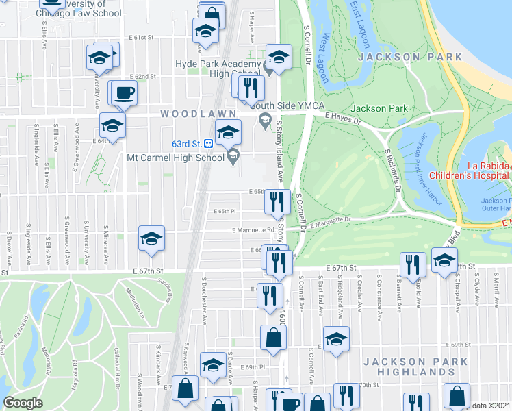 map of restaurants, bars, coffee shops, grocery stores, and more near 1521 East 65th Street in Chicago