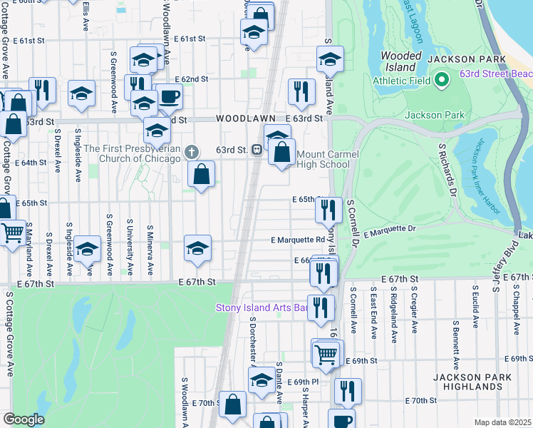 map of restaurants, bars, coffee shops, grocery stores, and more near 1400 East 65th Place in Chicago
