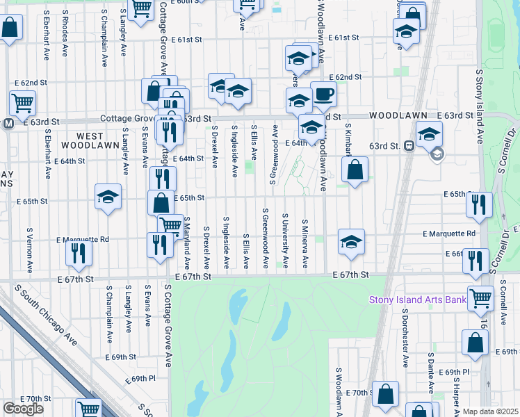 map of restaurants, bars, coffee shops, grocery stores, and more near 6506 South Greenwood Avenue in Chicago