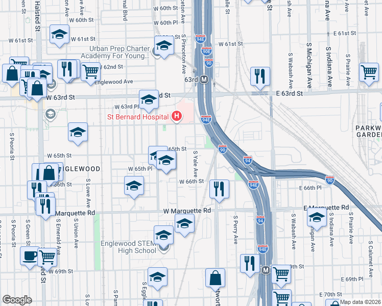 map of restaurants, bars, coffee shops, grocery stores, and more near 6501 South Yale Avenue in Chicago