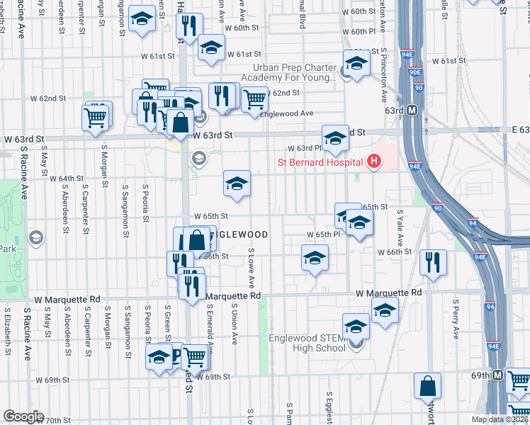 map of restaurants, bars, coffee shops, grocery stores, and more near 629 West 65th Street in Chicago