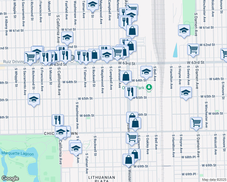 map of restaurants, bars, coffee shops, grocery stores, and more near 6429 South Campbell Avenue in Chicago