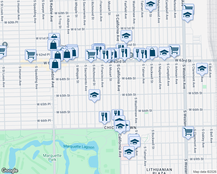 map of restaurants, bars, coffee shops, grocery stores, and more near 6425 South Mozart Street in Chicago