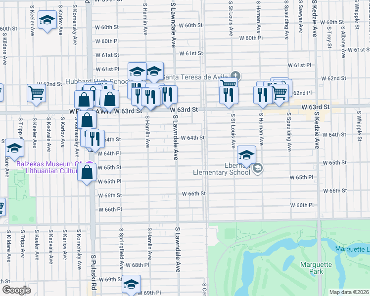 map of restaurants, bars, coffee shops, grocery stores, and more near 3625 West 64th Street in Chicago