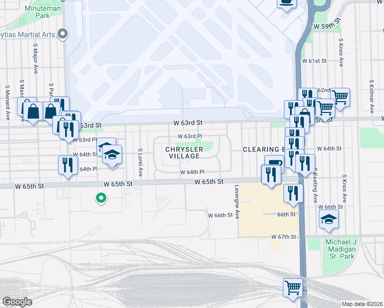 map of restaurants, bars, coffee shops, grocery stores, and more near 5210 West 64th Street in Chicago