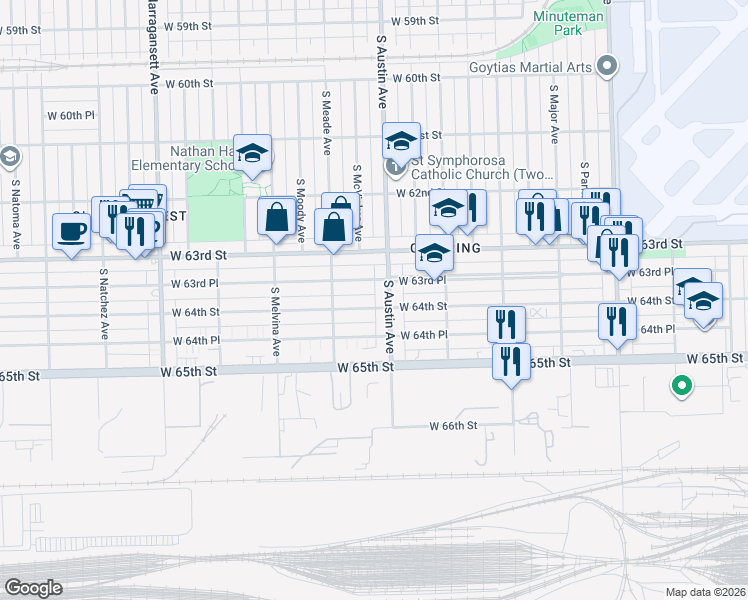 map of restaurants, bars, coffee shops, grocery stores, and more near 6027 West 63rd Place in Chicago