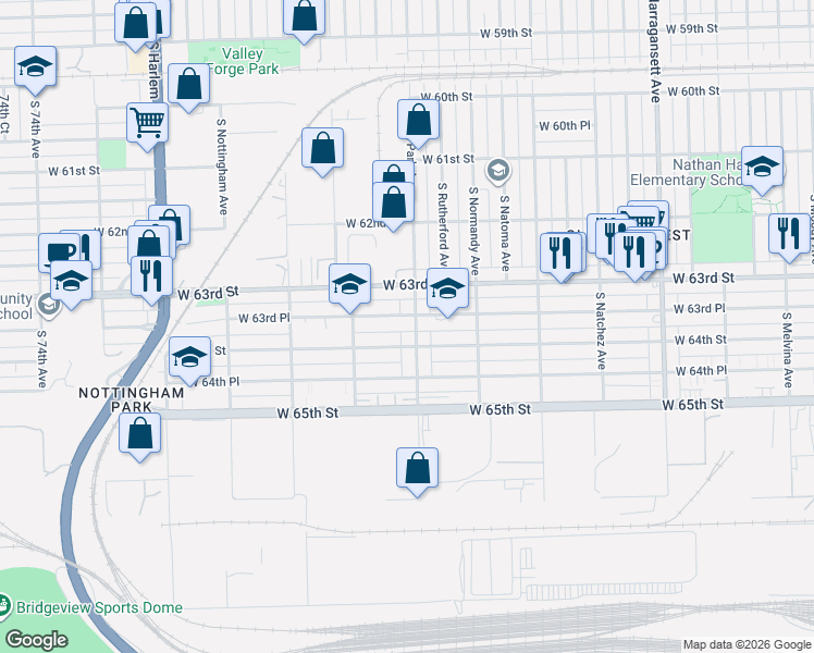 map of restaurants, bars, coffee shops, grocery stores, and more near 6825 West 63rd Place in Chicago