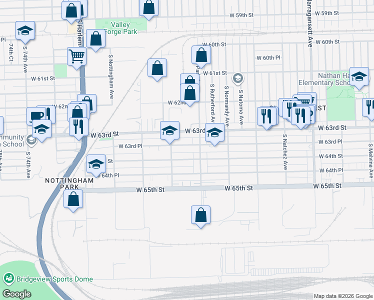 map of restaurants, bars, coffee shops, grocery stores, and more near 6825 West 63rd Place in Chicago