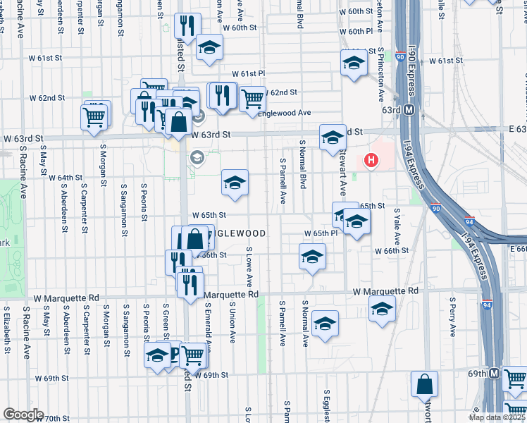map of restaurants, bars, coffee shops, grocery stores, and more near 629 West 65th Street in Chicago