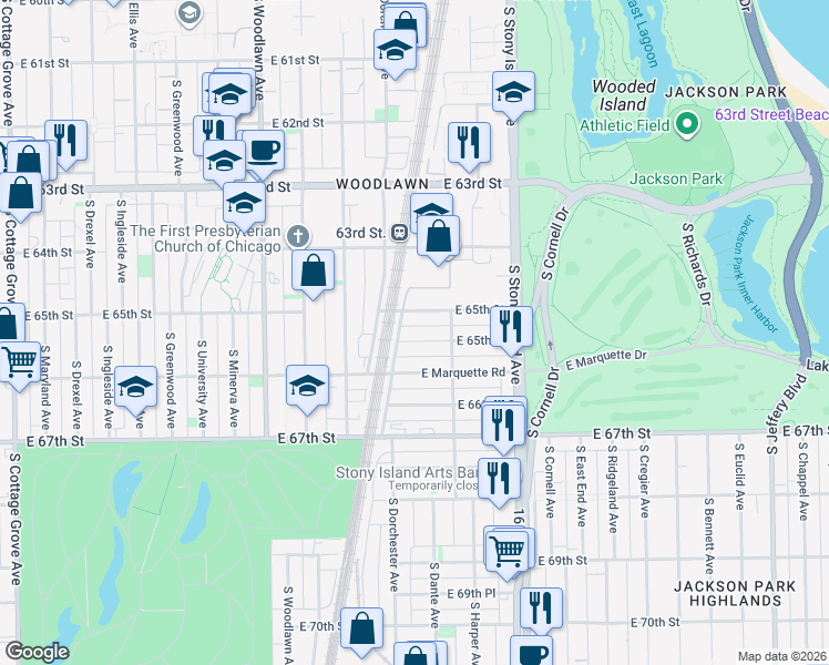 map of restaurants, bars, coffee shops, grocery stores, and more near 1400 East 65th Place in Chicago