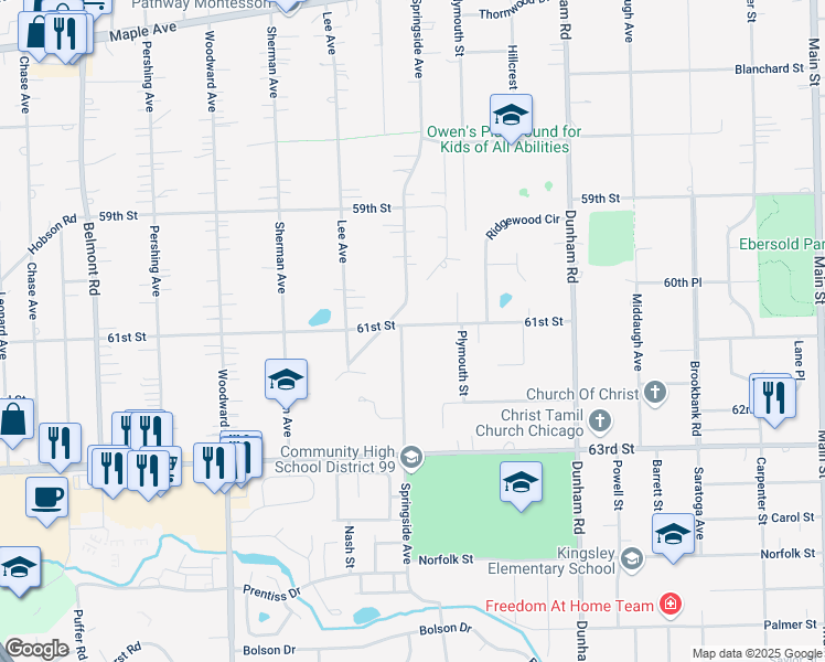 map of restaurants, bars, coffee shops, grocery stores, and more near 1633 61st Street in Downers Grove