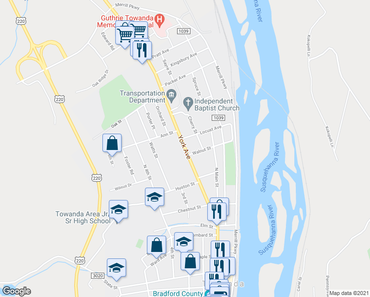 map of restaurants, bars, coffee shops, grocery stores, and more near 304 York Ave in Towanda