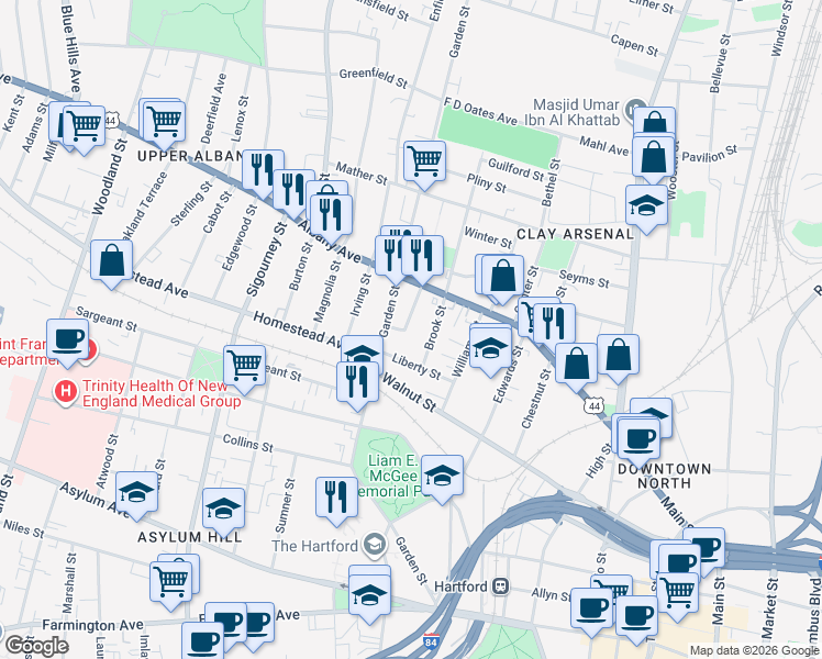 map of restaurants, bars, coffee shops, grocery stores, and more near 29 Bedford Street in Hartford