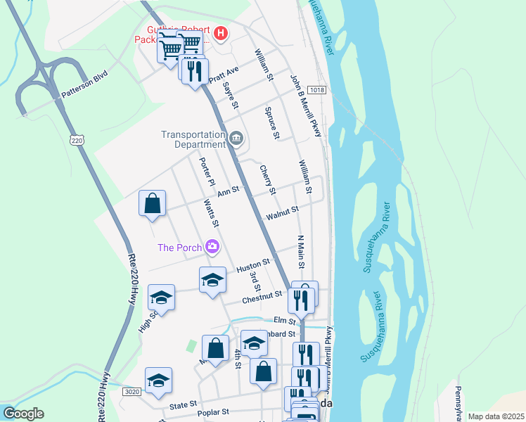 map of restaurants, bars, coffee shops, grocery stores, and more near 304 York Ave in Towanda