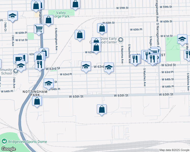 map of restaurants, bars, coffee shops, grocery stores, and more near 6825 West 63rd Place in Chicago