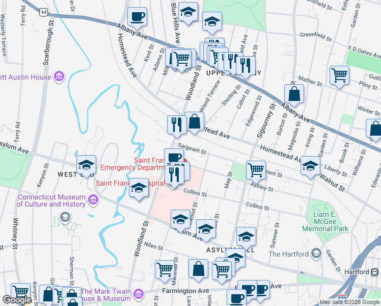 map of restaurants, bars, coffee shops, grocery stores, and more near 305 Sargeant Street in Hartford