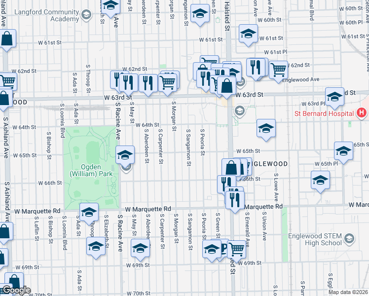 map of restaurants, bars, coffee shops, grocery stores, and more near 6447 South Sangamon Street in Chicago