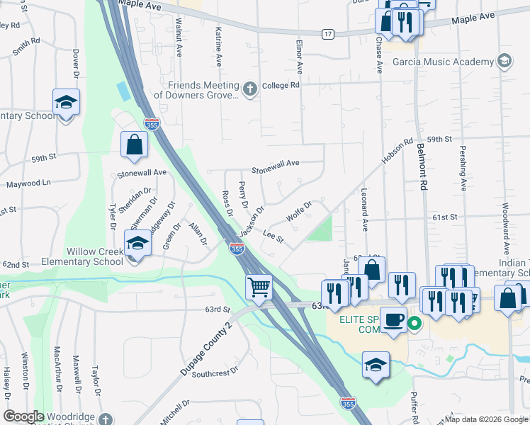 map of restaurants, bars, coffee shops, grocery stores, and more near 2610 Jackson Drive in Woodridge