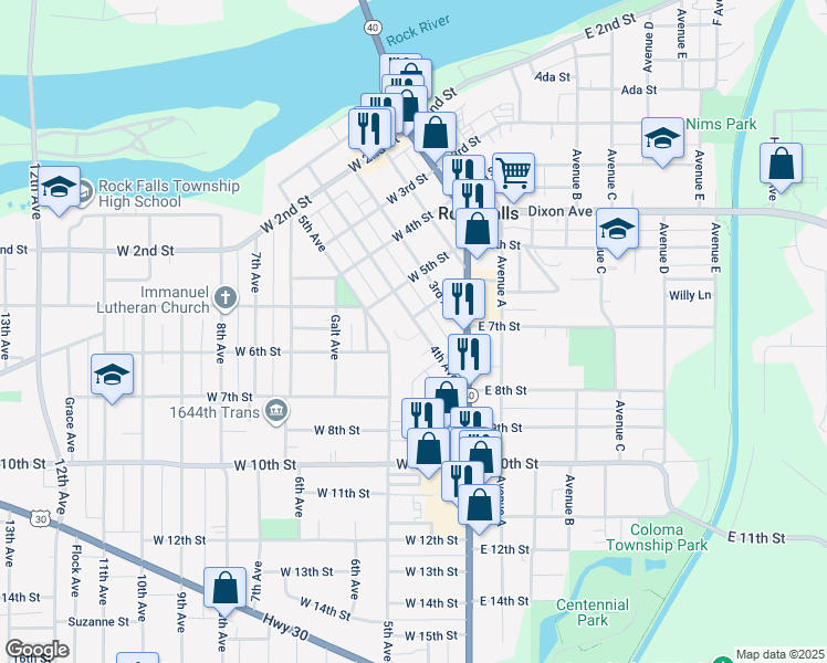 map of restaurants, bars, coffee shops, grocery stores, and more near 600 4th Avenue in Rock Falls