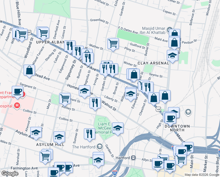 map of restaurants, bars, coffee shops, grocery stores, and more near 32 Bedford Street in Hartford