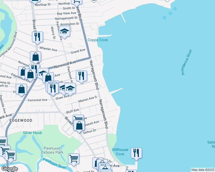 map of restaurants, bars, coffee shops, grocery stores, and more near 3 Shaw Avenue in Cranston