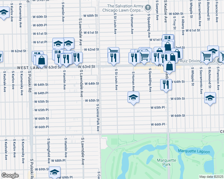 map of restaurants, bars, coffee shops, grocery stores, and more near 3512 West 64th Place in Chicago