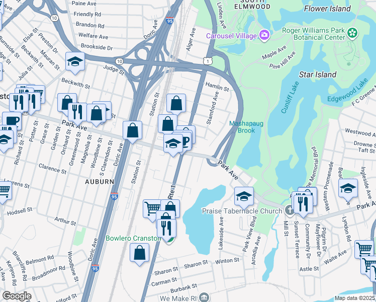 map of restaurants, bars, coffee shops, grocery stores, and more near 1266 Elmwood Avenue in Cranston