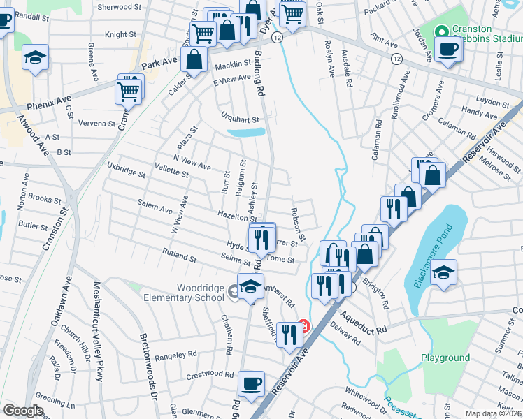 map of restaurants, bars, coffee shops, grocery stores, and more near 255 Budlong Road in Cranston