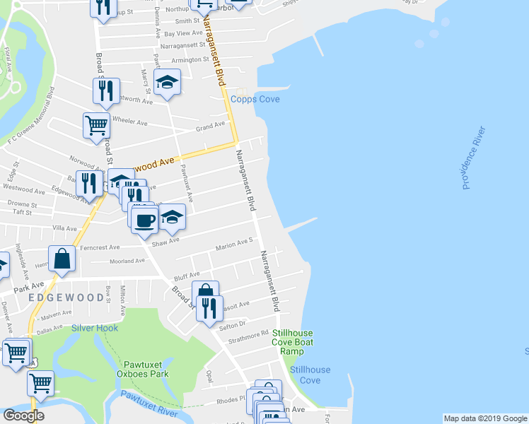 map of restaurants, bars, coffee shops, grocery stores, and more near 1312 Narragansett Boulevard in Cranston