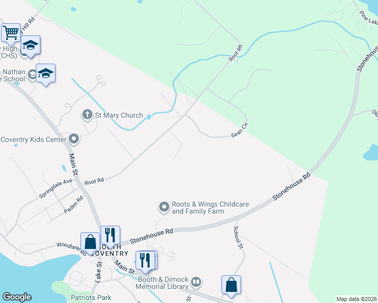 map of restaurants, bars, coffee shops, grocery stores, and more near 270 Root Road in Coventry