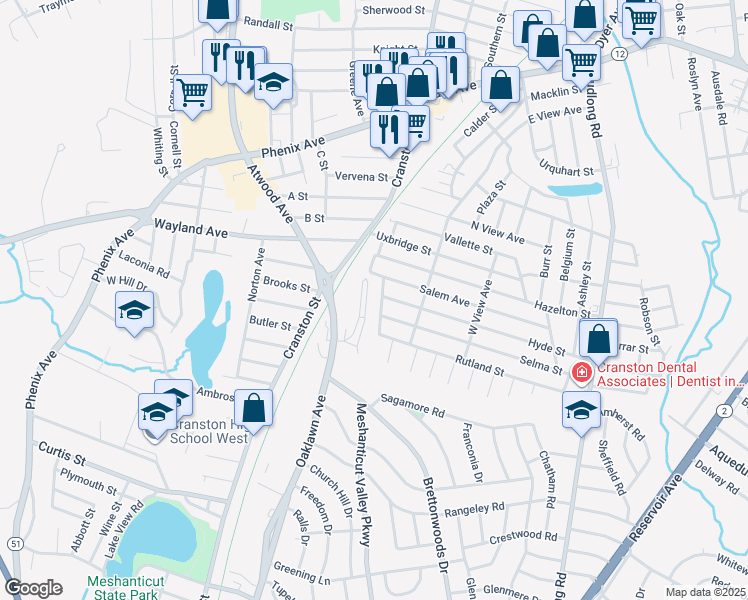 map of restaurants, bars, coffee shops, grocery stores, and more near 38 Oaklawn Avenue in Cranston