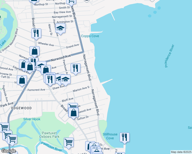 map of restaurants, bars, coffee shops, grocery stores, and more near 3 Shaw Avenue in Cranston