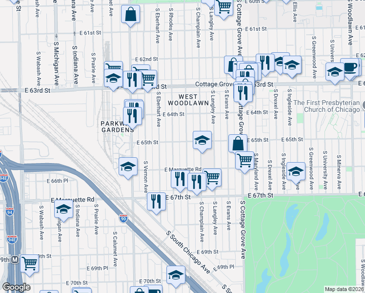 map of restaurants, bars, coffee shops, grocery stores, and more near 6503 South Saint Lawrence Avenue in Chicago
