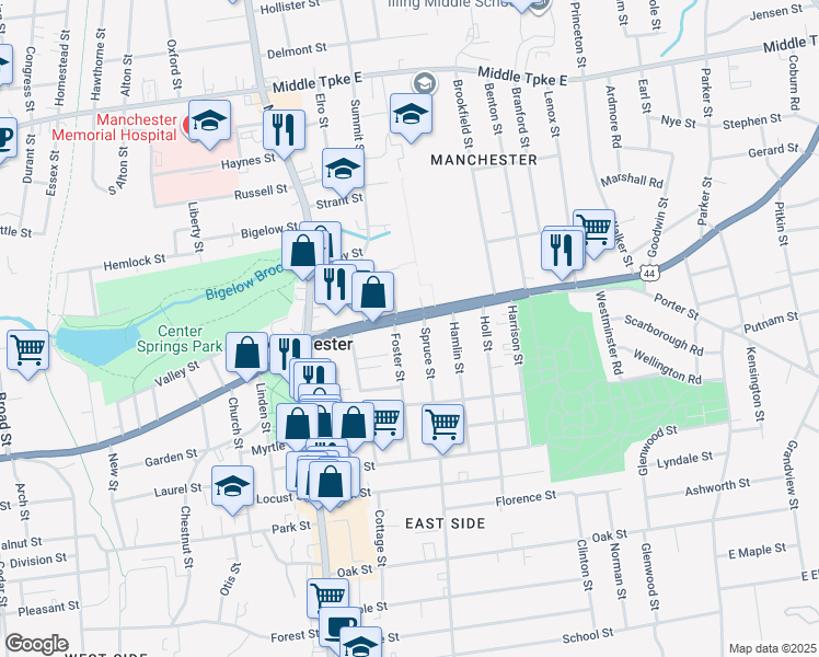 map of restaurants, bars, coffee shops, grocery stores, and more near 142 East Center Street in Manchester
