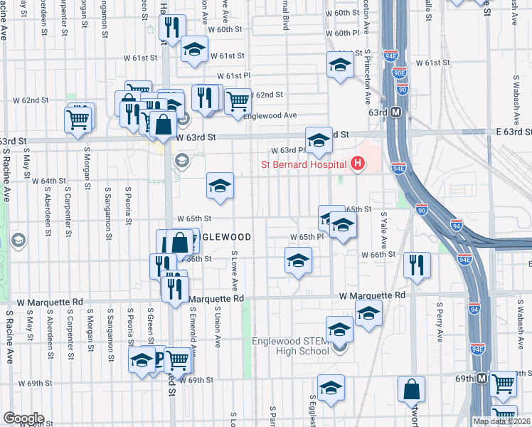 map of restaurants, bars, coffee shops, grocery stores, and more near 6448 South Parnell Avenue in Chicago