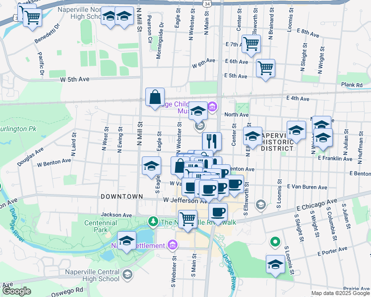 map of restaurants, bars, coffee shops, grocery stores, and more near 129 West Franklin Avenue in Naperville
