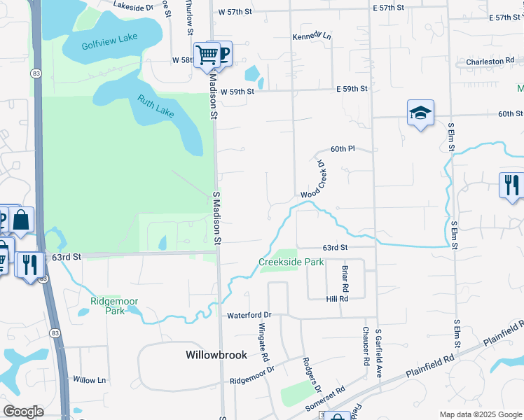 map of restaurants, bars, coffee shops, grocery stores, and more near 6201 Wildwood Ln in Burr Ridge