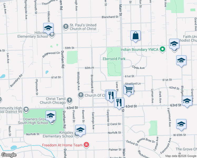 map of restaurants, bars, coffee shops, grocery stores, and more near 1120 61st Street in Downers Grove