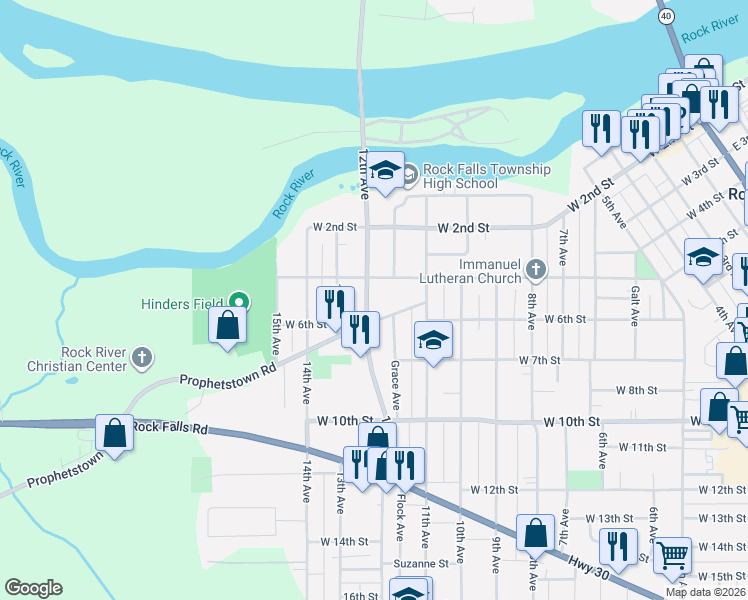 map of restaurants, bars, coffee shops, grocery stores, and more near 507 12th Avenue in Rock Falls