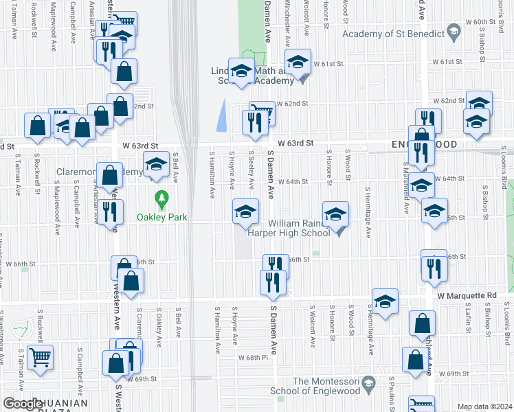map of restaurants, bars, coffee shops, grocery stores, and more near 6437 South Seeley Avenue in Chicago