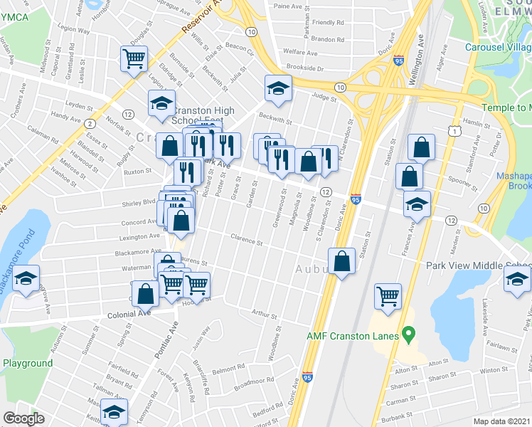map of restaurants, bars, coffee shops, grocery stores, and more near 130 Auburn Street in Cranston