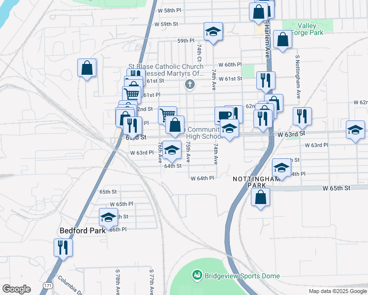 map of restaurants, bars, coffee shops, grocery stores, and more near 7506 West 63rd Place in Summit