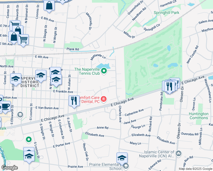 map of restaurants, bars, coffee shops, grocery stores, and more near 1013 East Benton Avenue in Naperville