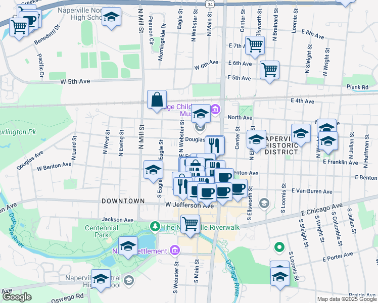 map of restaurants, bars, coffee shops, grocery stores, and more near 129 West Franklin Avenue in Naperville