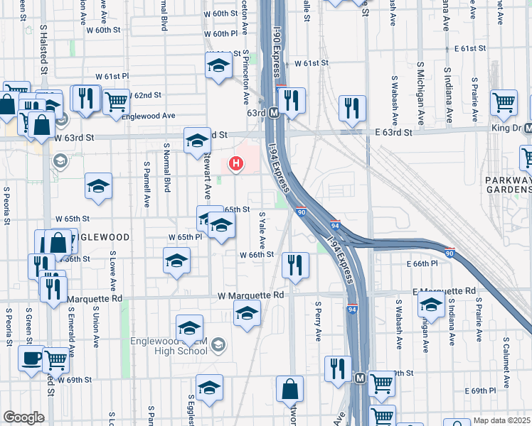 map of restaurants, bars, coffee shops, grocery stores, and more near 6501 South Yale Avenue in Chicago