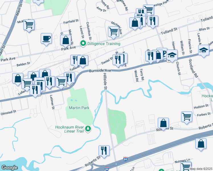map of restaurants, bars, coffee shops, grocery stores, and more near 14 Hillside Street in East Hartford