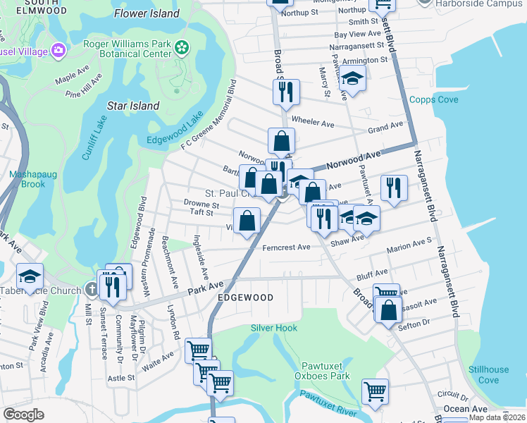map of restaurants, bars, coffee shops, grocery stores, and more near 12 Graysonia Drive in Cranston